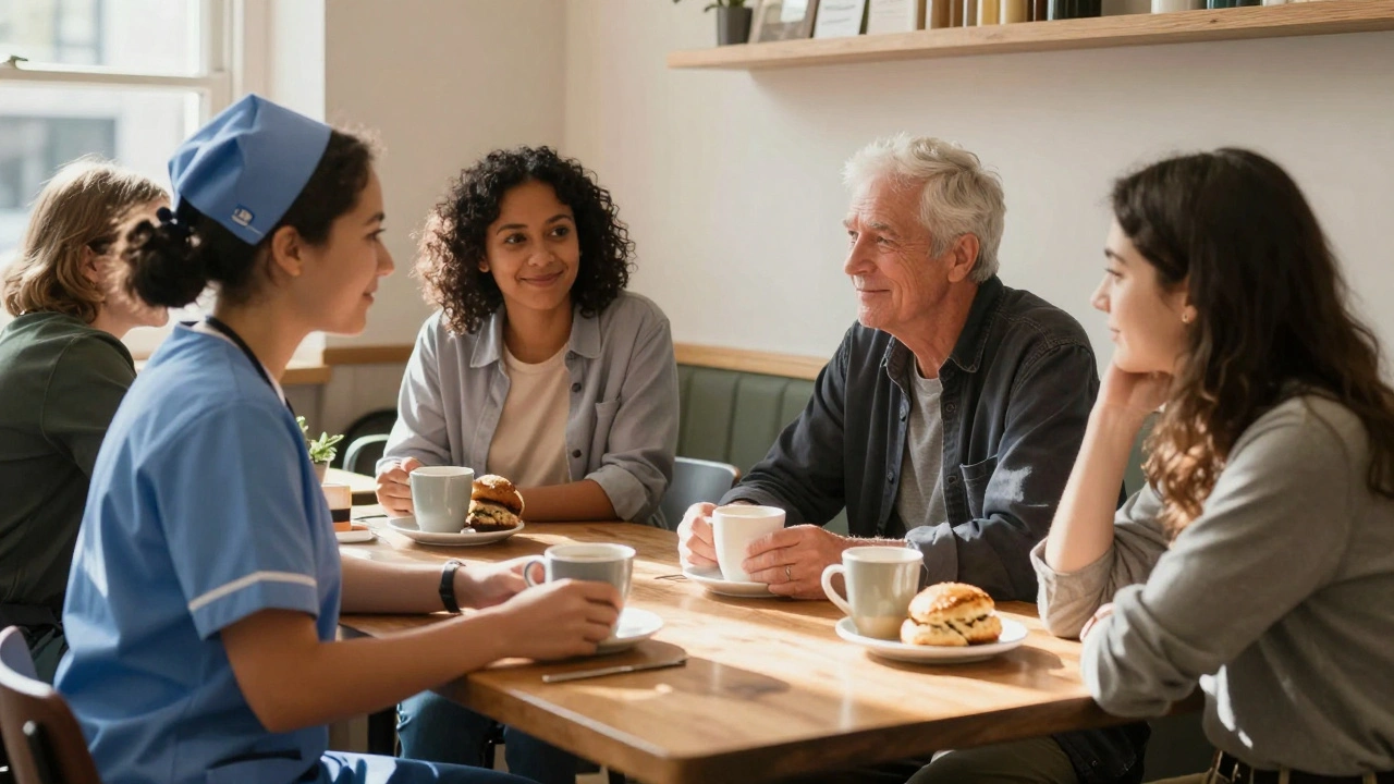 Three locals share calm, non-physical companionship in a cozy Streatham café.