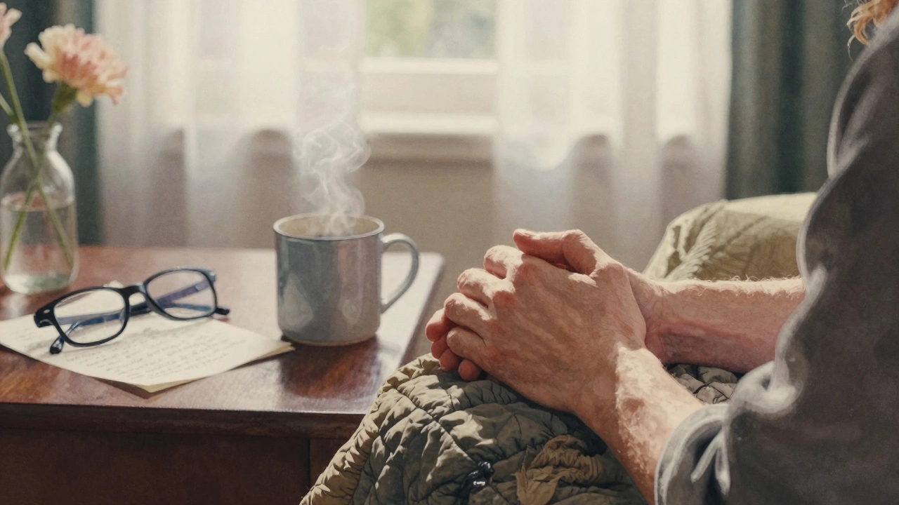 Two hands held gently in soft sunlight, beside a mug and handwritten note—no faces, only comfort and stillness.