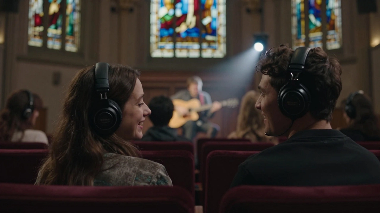 Two people enjoying a silent disco at a historic chapel, softly dancing under stained glass windows.
