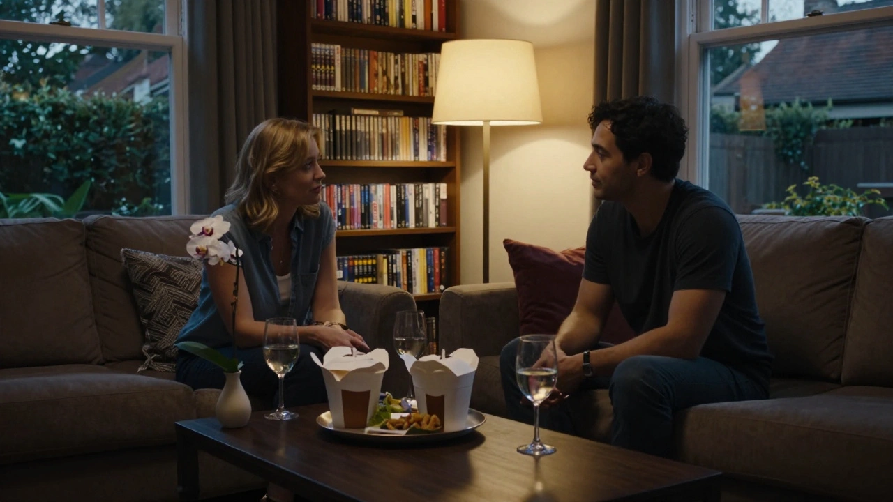 Two people share a quiet evening with Thai food and wine in a warm Perivale apartment.