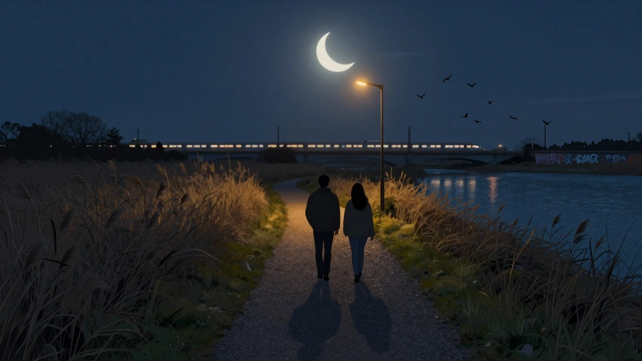 Two people strolling quietly along the Lea Valley path at night, moonlight reflecting on water and distant train lights.