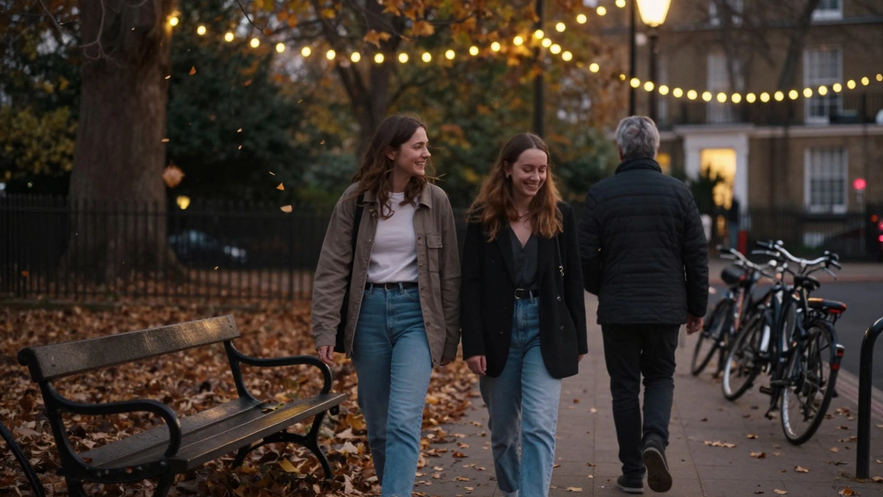 A couple walking peacefully in Notting Hill at dusk under string lights, enjoying a calm, intimate moment in Hyde Park.