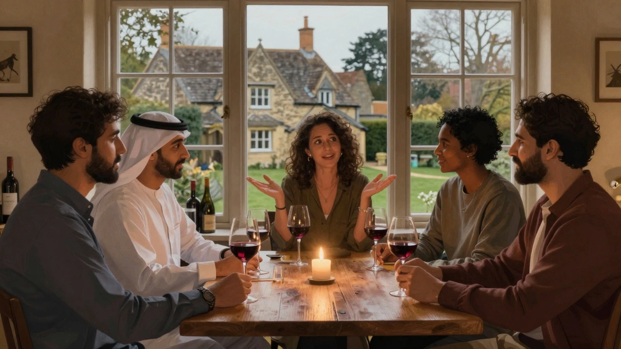 A diverse group shares a wine tasting in Pinner, historic cottages visible through the window.