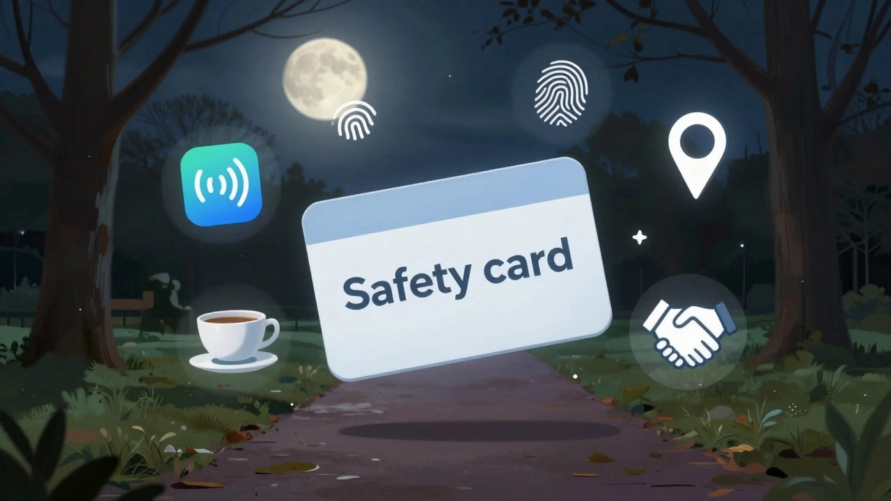 A floating safety card above a park path with icons representing trust, encryption, and companionship.