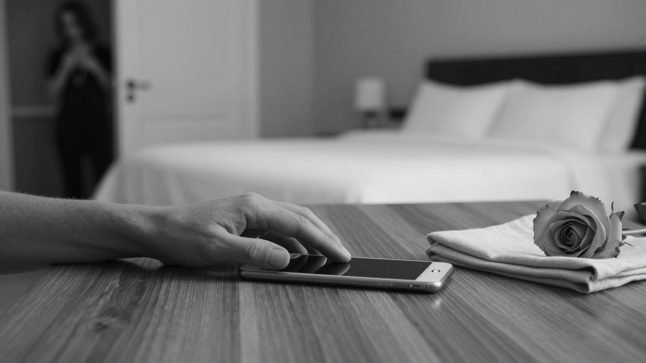A hand placing a phone face-down beside a rose and napkin, symbolizing discretion and thoughtful preparation.