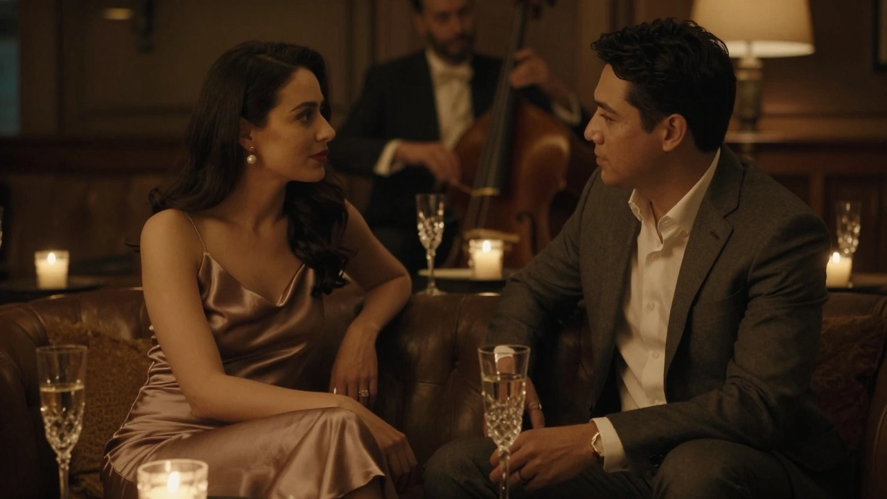 A man and woman sit in a dim lounge, engaged in quiet conversation with no phones, only candlelight and jazz.