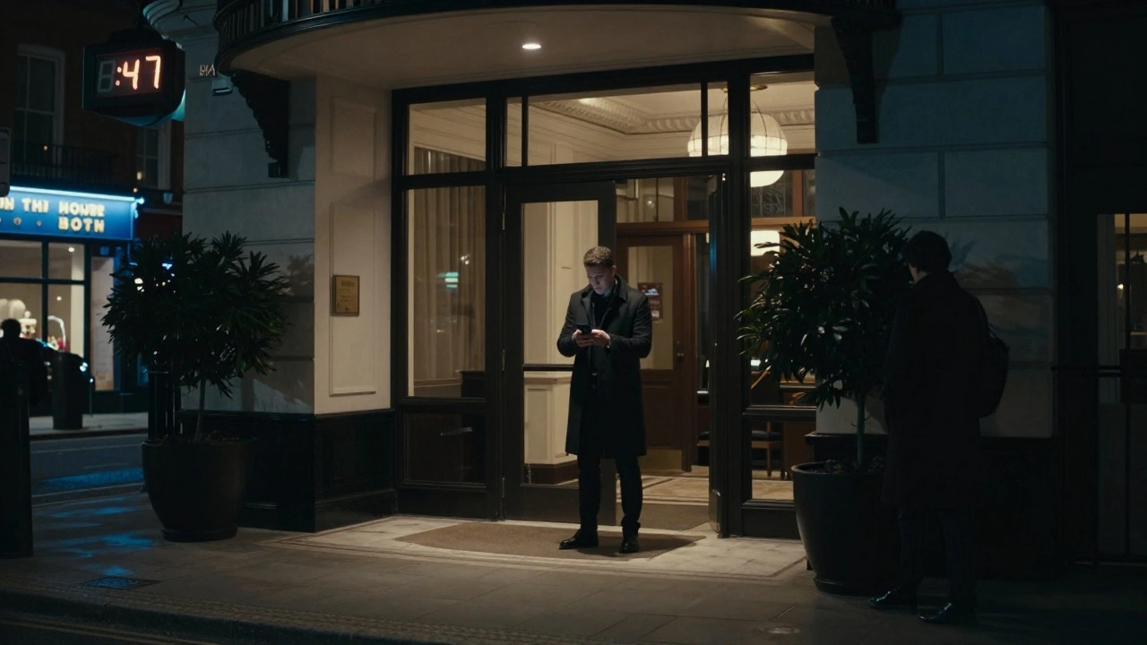 A man hesitating in a high-end hotel lobby at night,暗示 a secretive meeting, no faces shown.
