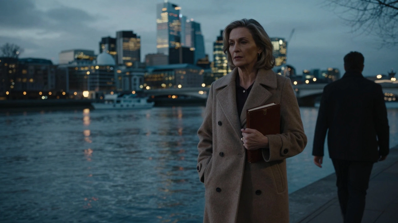 A mature woman walking peacefully along the Thames at dusk, accompanied by a quiet figure, city lights reflecting on the water.