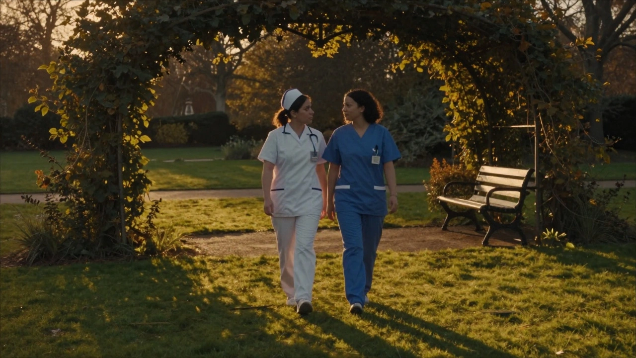 A nurse and companion walk peacefully through Northwick Park Gardens at twilight, finding calm together.