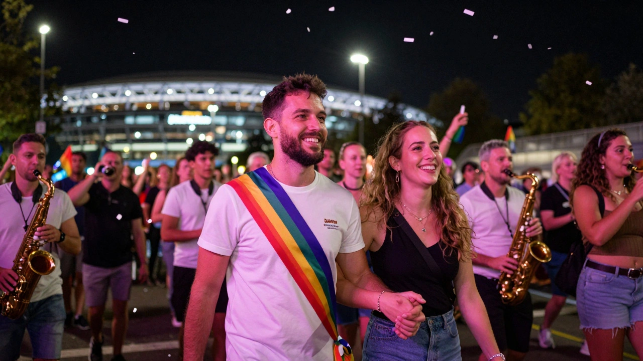 A person in a rainbow sash walks happily beside a companion during Wembley Pride parade, neon lights and confetti filling the night air.