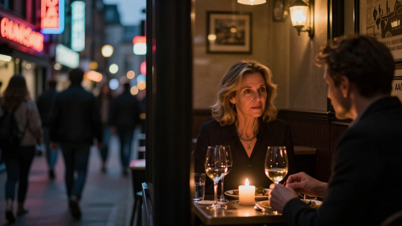 A split image contrasting chaotic city life with a tranquil private dinner, highlighting human connection.