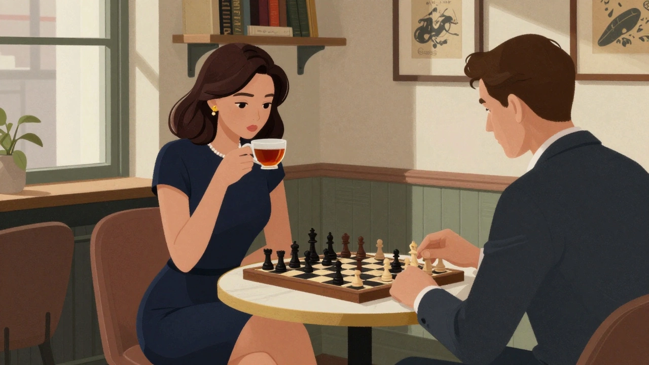 A woman engaging in thoughtful conversation with a client over chess in a cozy London lounge, books and soft light around them.