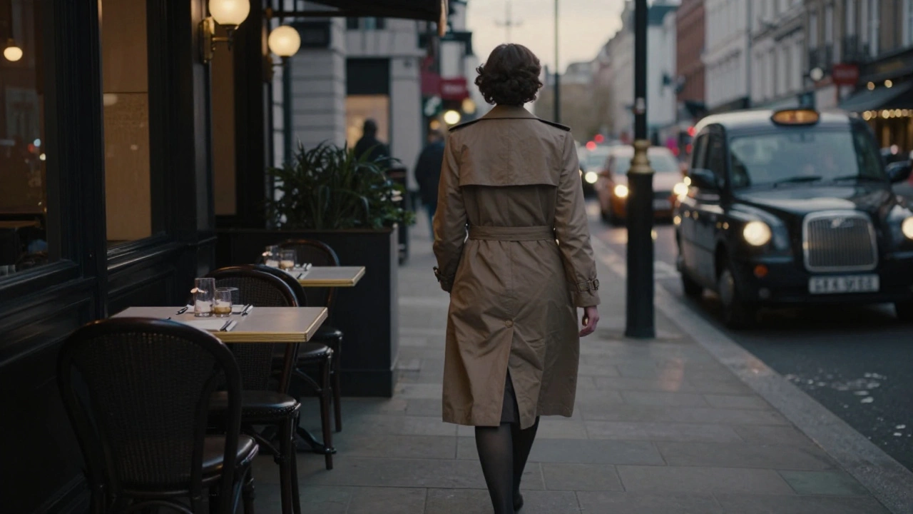 A woman in a trench coat walks away from a restaurant at dusk, blending into the quiet London street.
