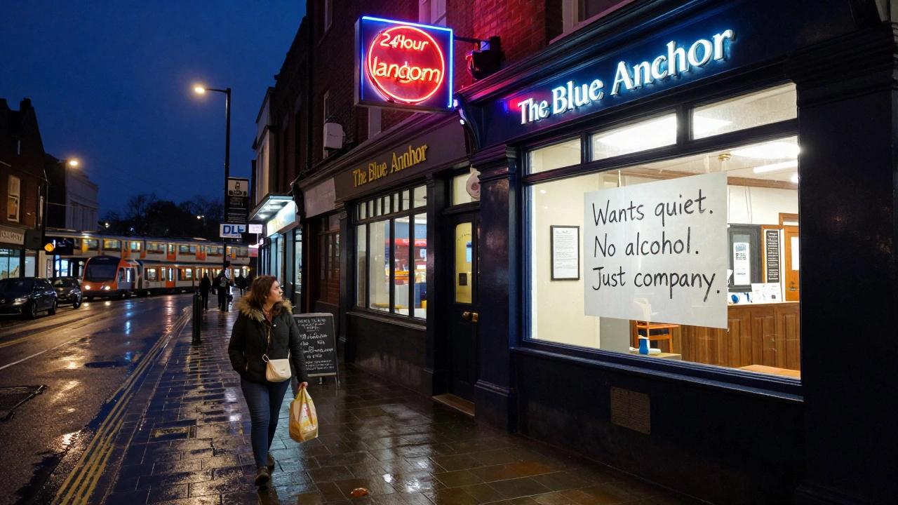 A woman walks at night past a pub in Canning Town, carrying bakery food, with DLR trains overhead and a handwritten note visible in a laundromat window.