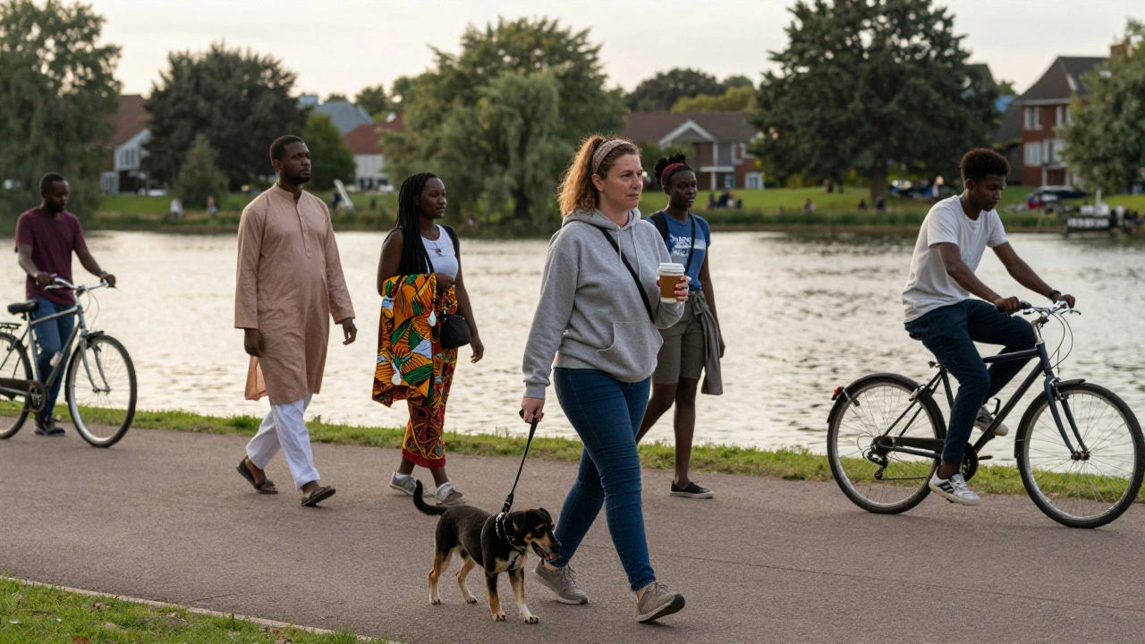A woman walks her dog at Tooting Bec Lido at dawn, surrounded by diverse locals in everyday life.