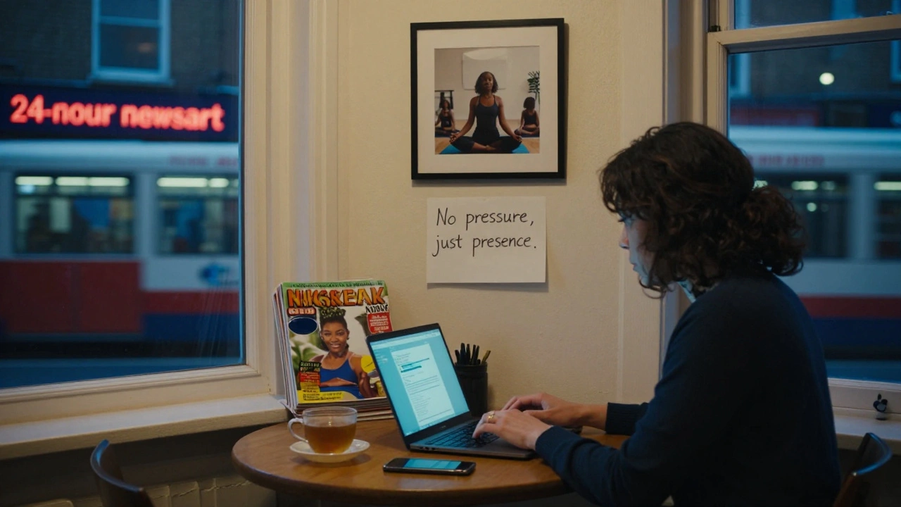 A woman works quietly at night in her flat above a corner shop, surrounded by personal items and encrypted messages.