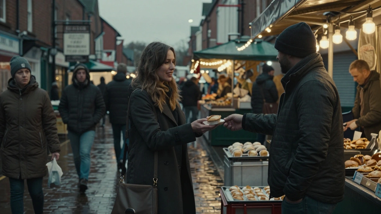 An escort hands a pasty to a client at Walthamstow Market at dusk, surrounded by local shoppers.