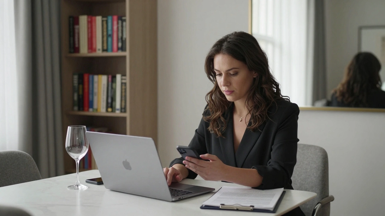 An independent escort in her London apartment reviewing client messages on a secure app, surrounded by personal, professional details.