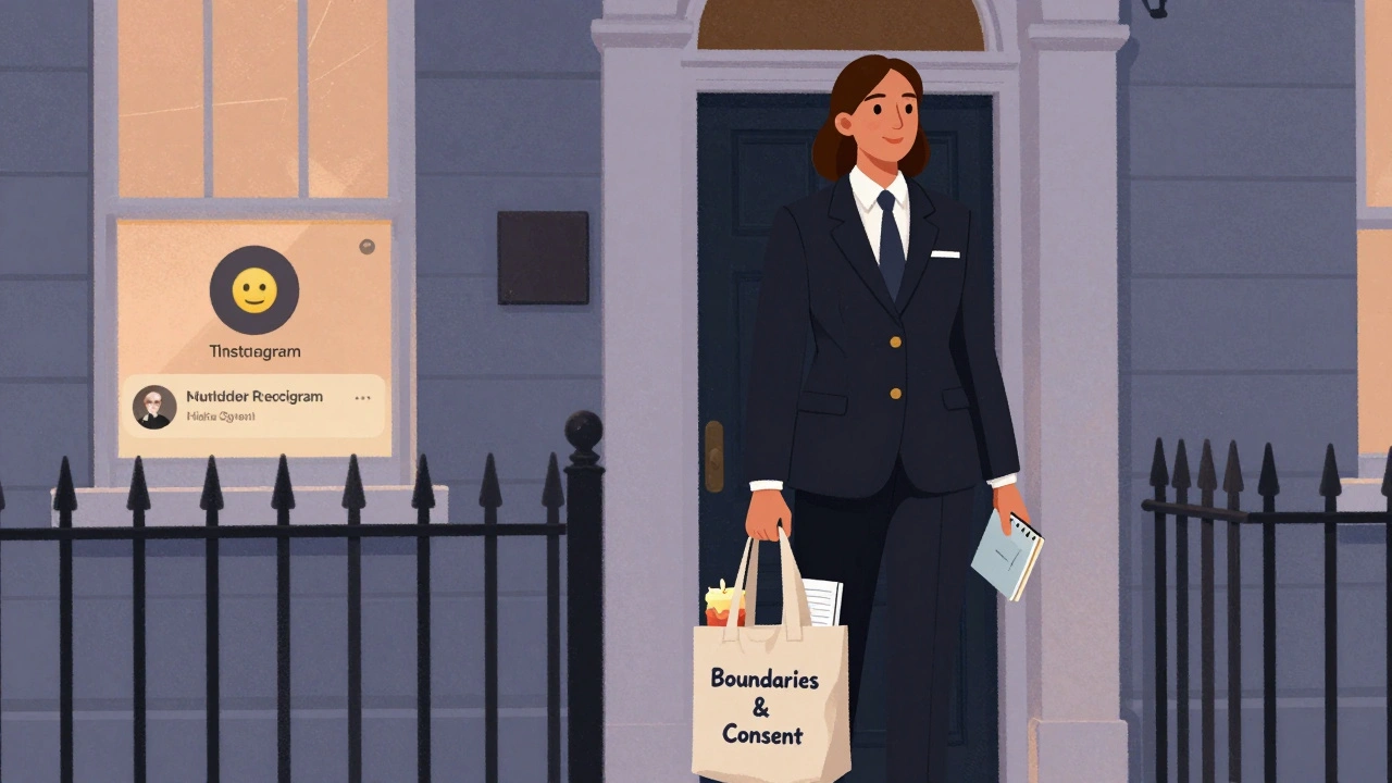 An independent escort leaving home in Highgate with a tote bag, digital privacy symbols glowing softly behind.