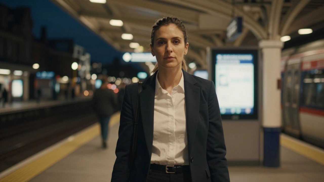 Confident professional standing near train station at night.