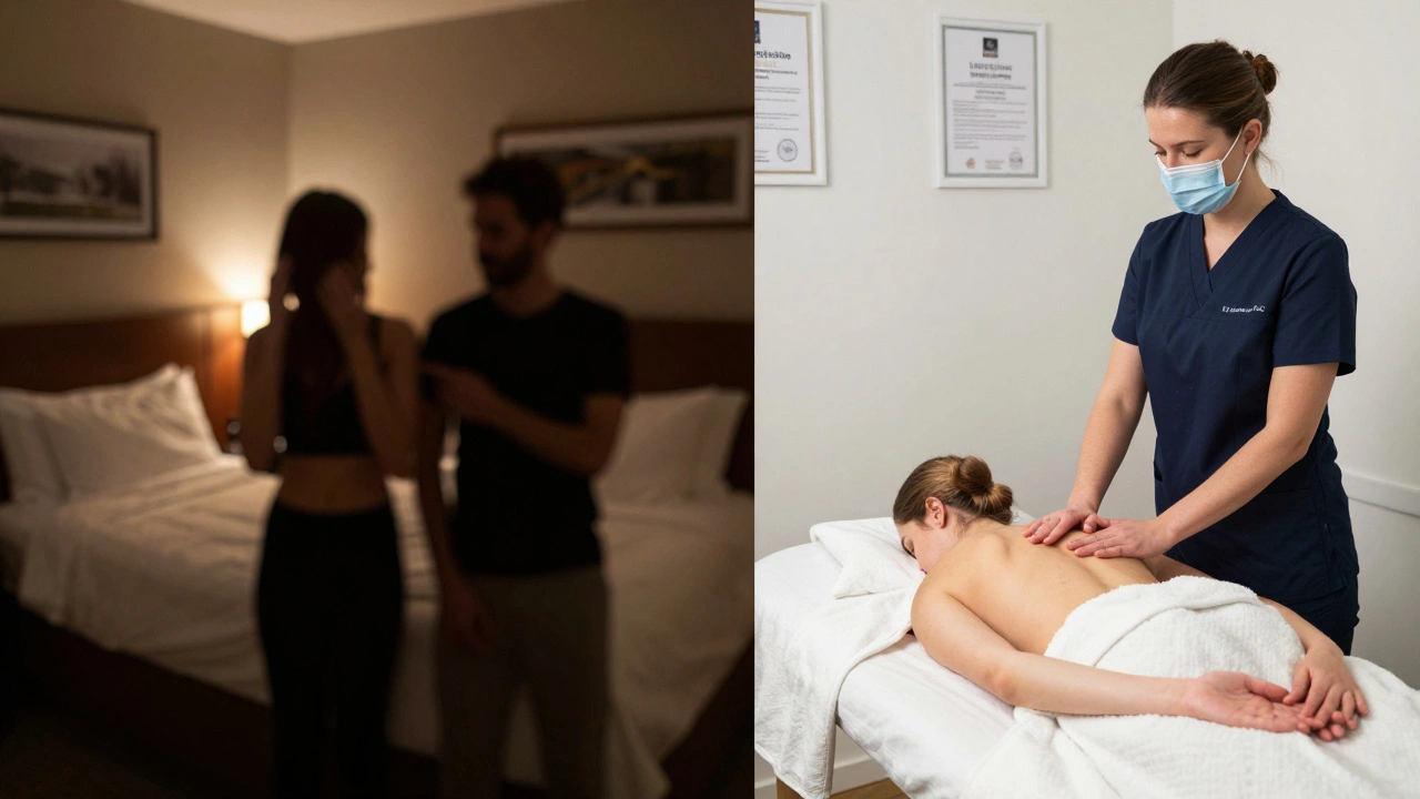 Contrasting image: illegal erotic massage in a dim hotel room versus a professional, certified sensual massage in a clean studio.