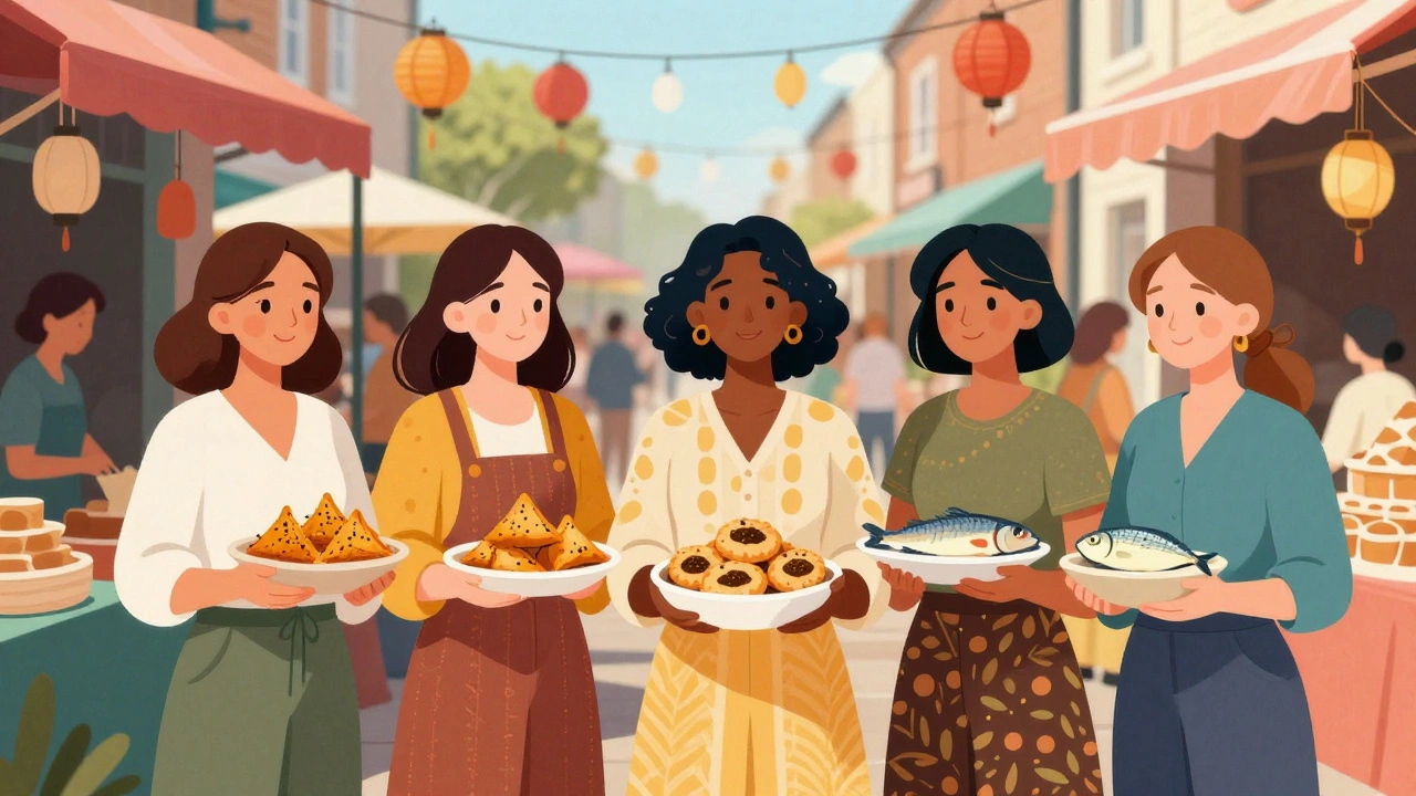 Diverse women from Woolwich’s community stand together at the local market, holding traditional foods under warm sunlight.