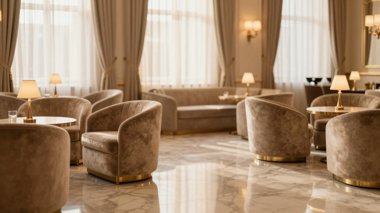 Empty luxury lounge chair with warm golden lighting.