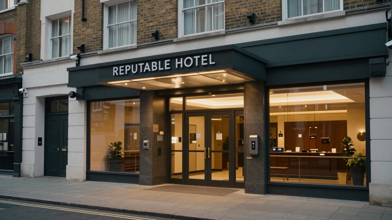 Exterior of a modern secure hotel near a train station.