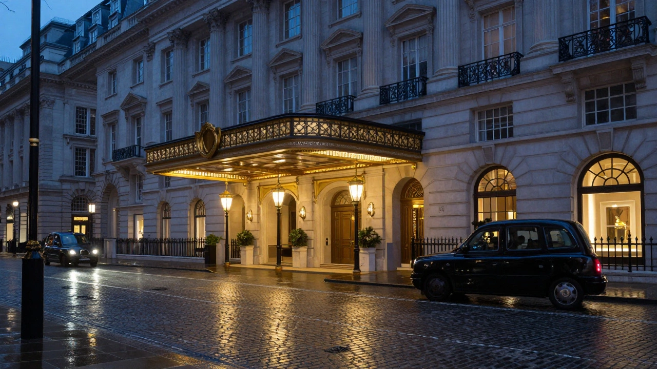 Grand London hotel entrance at twilight with wet streets.