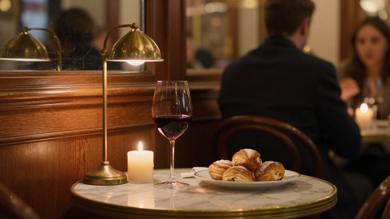 Intimate dinner at a small French restaurant in Bromley with candlelight and shared pastries.