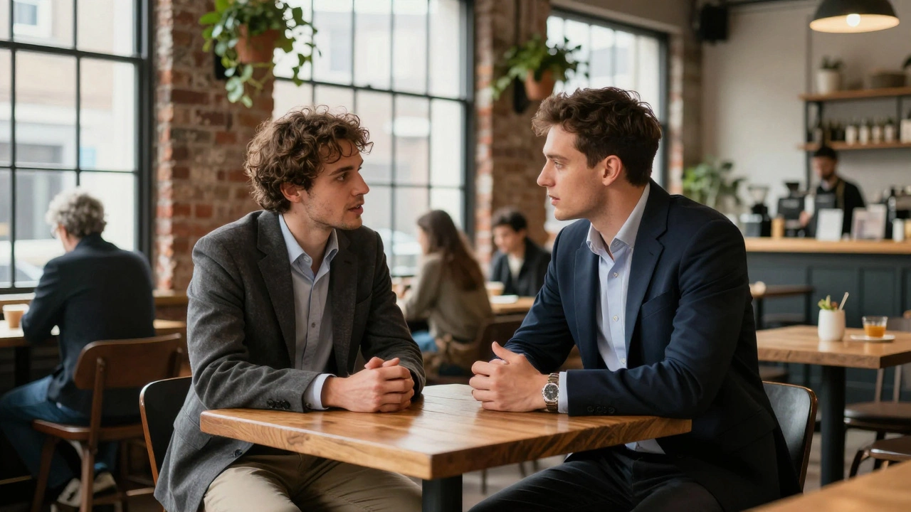 People conversing in a trendy Hackney cafe with brick walls