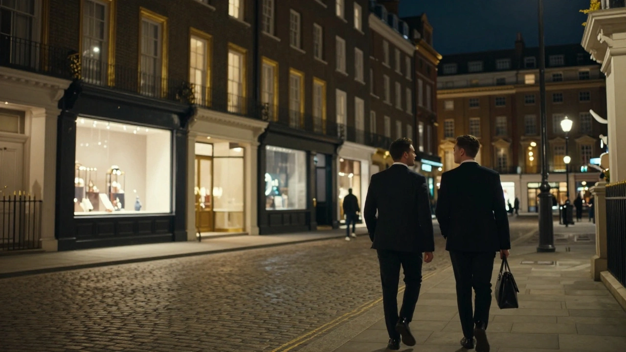 People in formal wear walking on a lit Mayfair street at night