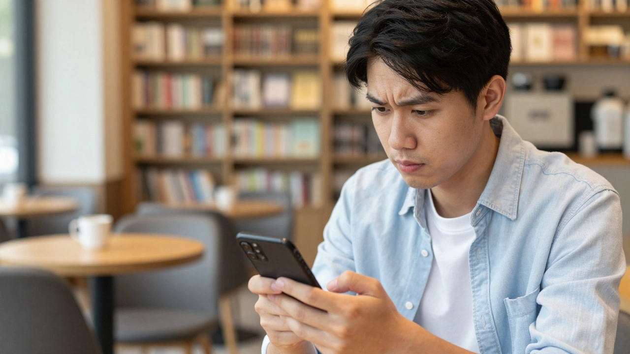 Person checking mobile phone in a public coffee shop setting.