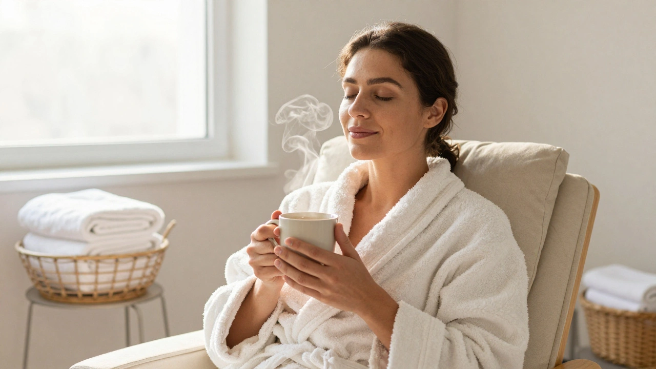 Person in robe relaxing with tea in a quiet lounge