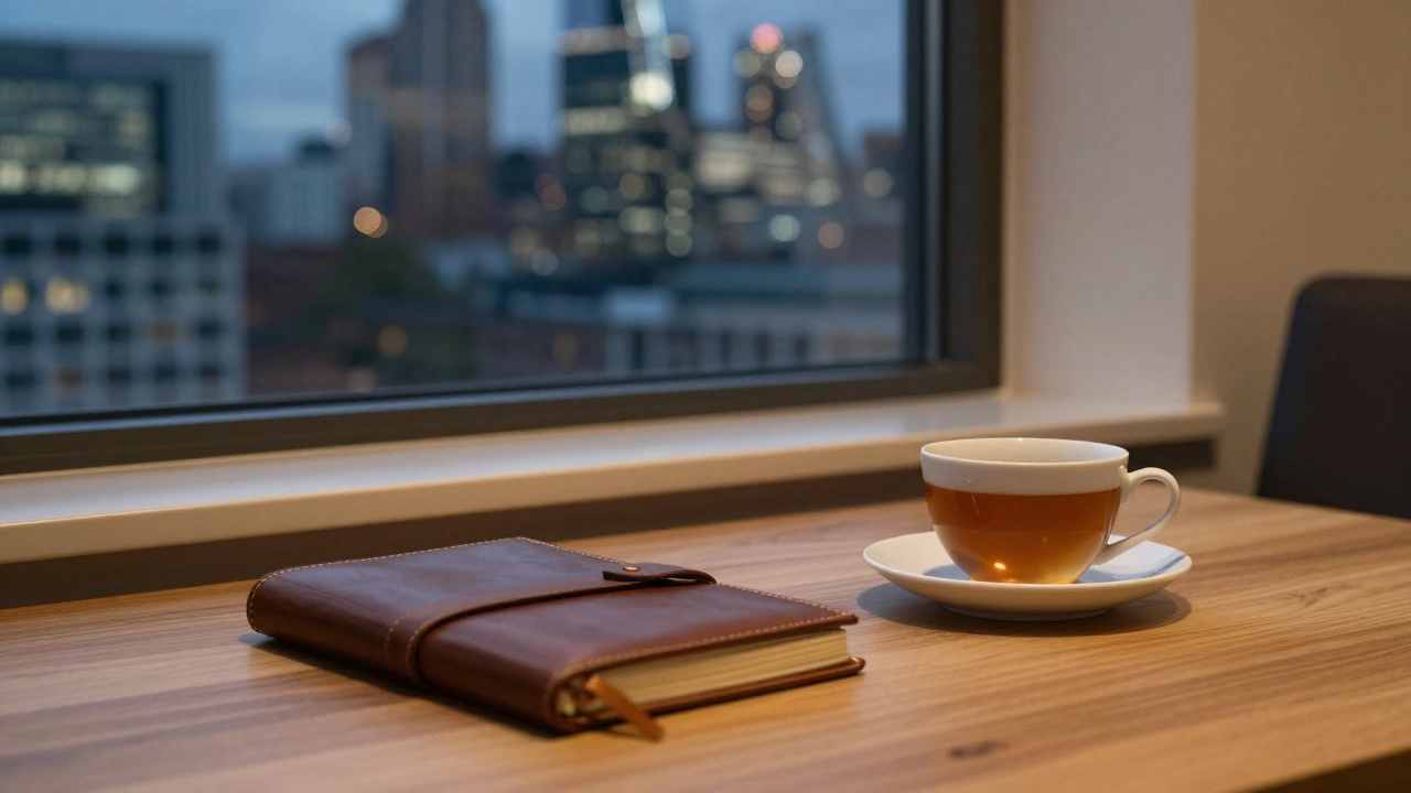Quiet workspace with city view and notebook on desk.