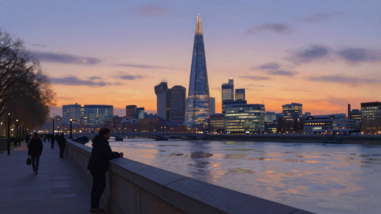 Silhouettes watching the illuminated Shard skyline from South Bank riverside