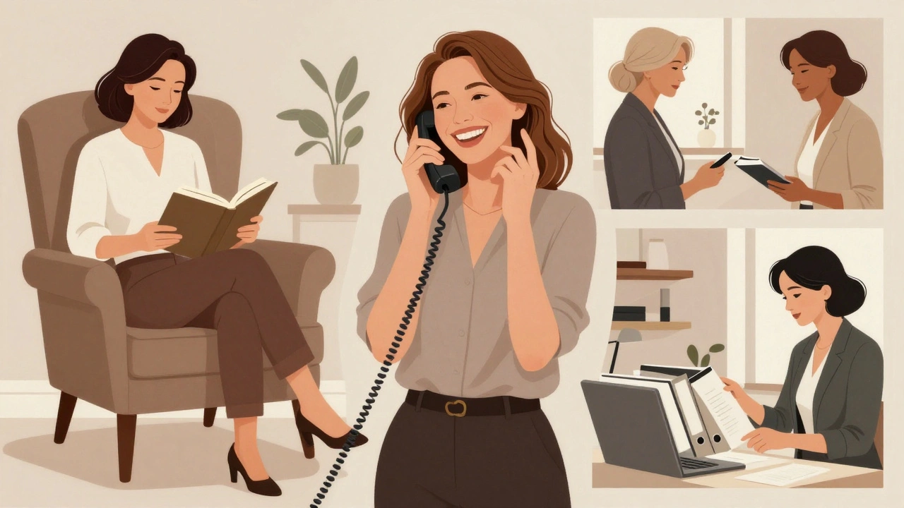 Three mature women in elegant settings—reading, talking, working—each embodying independence and quiet confidence.