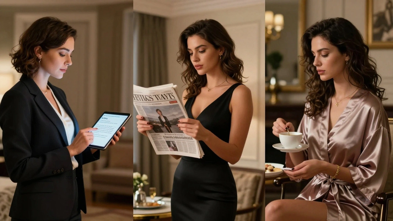 Three professional women in London, each representing different escort profiles, in private, discreet settings.