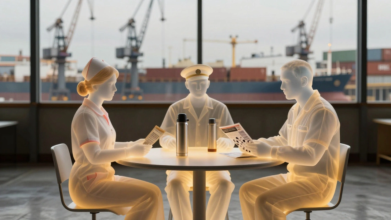 Three weary individuals sit in silence around a table, connected by warm light, surrounded by the industrial skyline of East London.