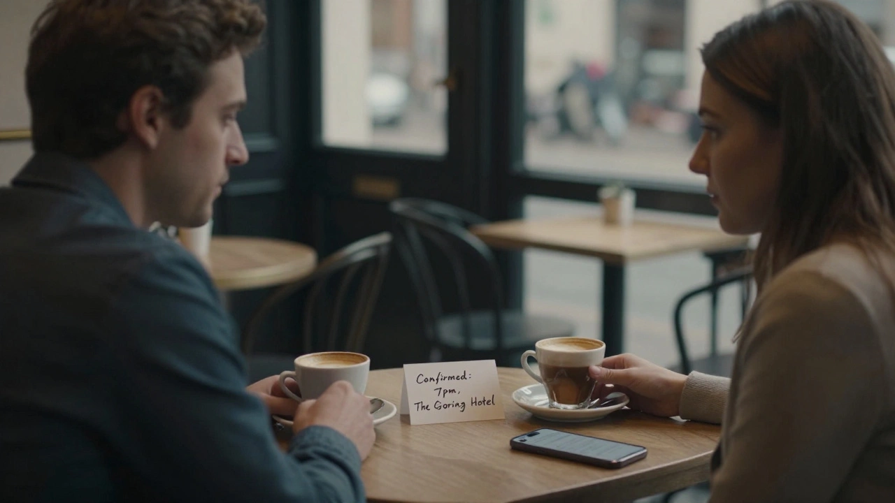 Two individuals meeting discreetly at a London café, with a confirmed booking note visible, emphasizing privacy and professionalism.
