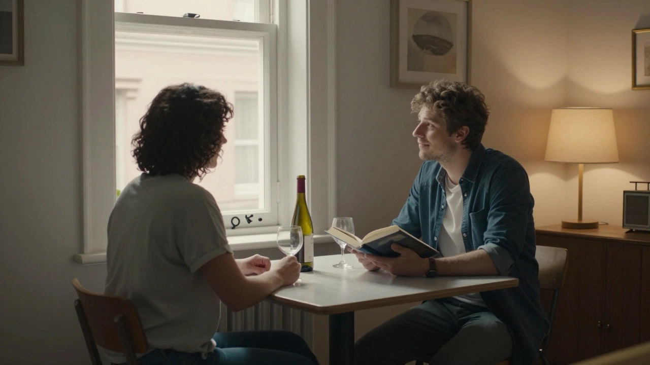 Two individuals sit at a modest table with wine, talking peacefully in a softly lit apartment.