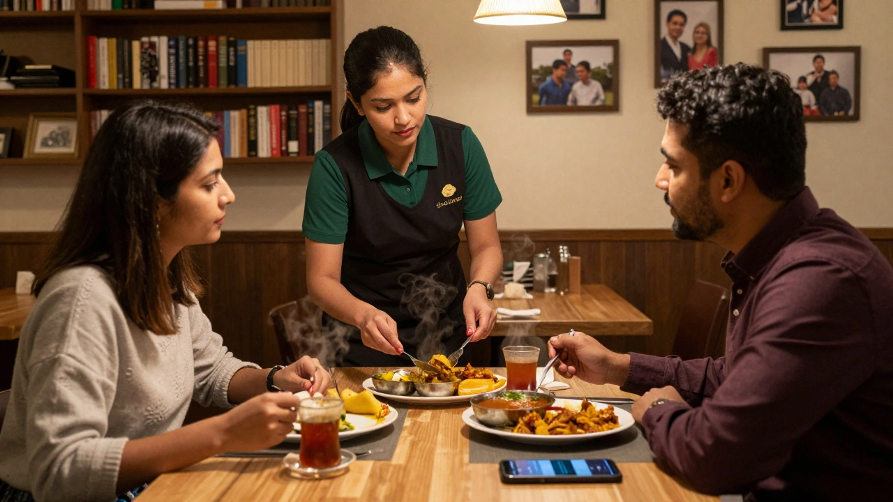 Two people share a quiet dinner at an Indian restaurant in Harrow Weald, soft lighting highlighting their calm conversation over steaming food.