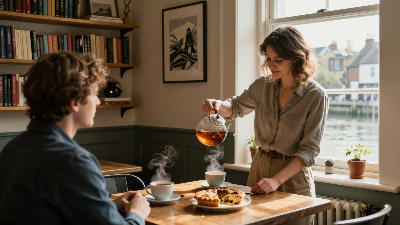 Two people share a quiet tea moment in a cozy Woolwich apartment, lit by soft lamplight with river views.