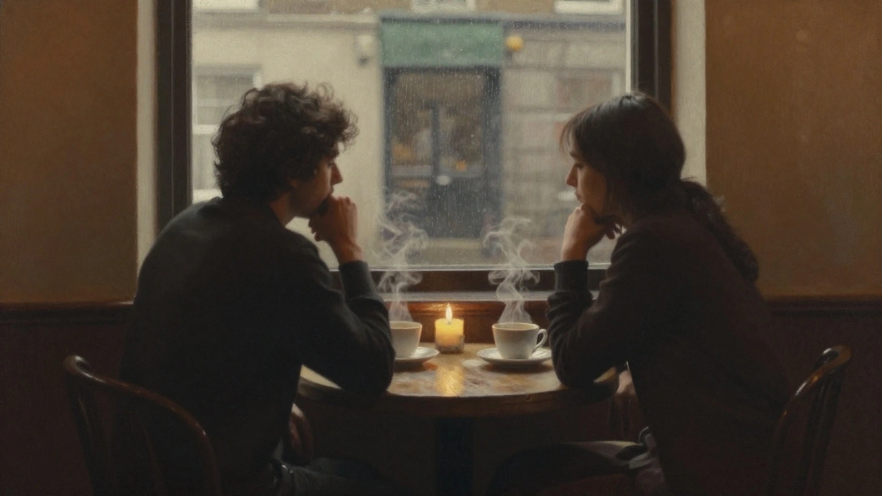 Two silhouettes sitting together at a cafe table discussing.